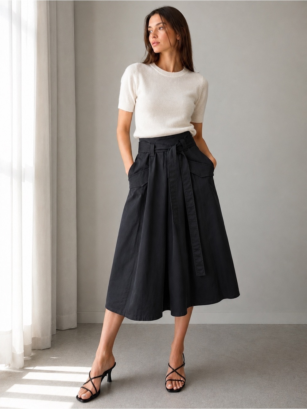 Dorothee Schumacher Black Midi Skirt Belted A-Line Cotton Blend Size 0 Germany